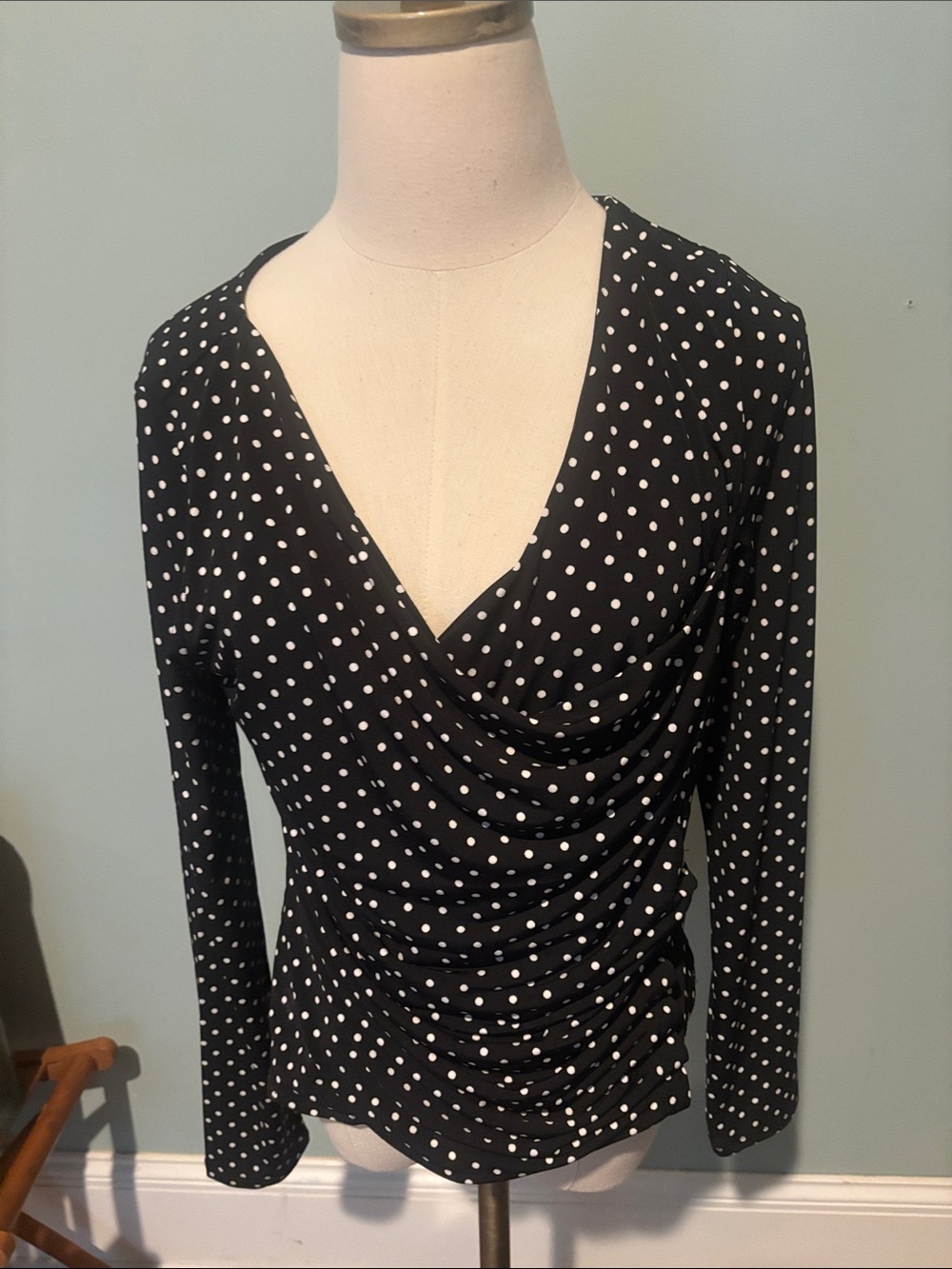 White House Black Market Black Long Sleeve Polka Dot Draped Top